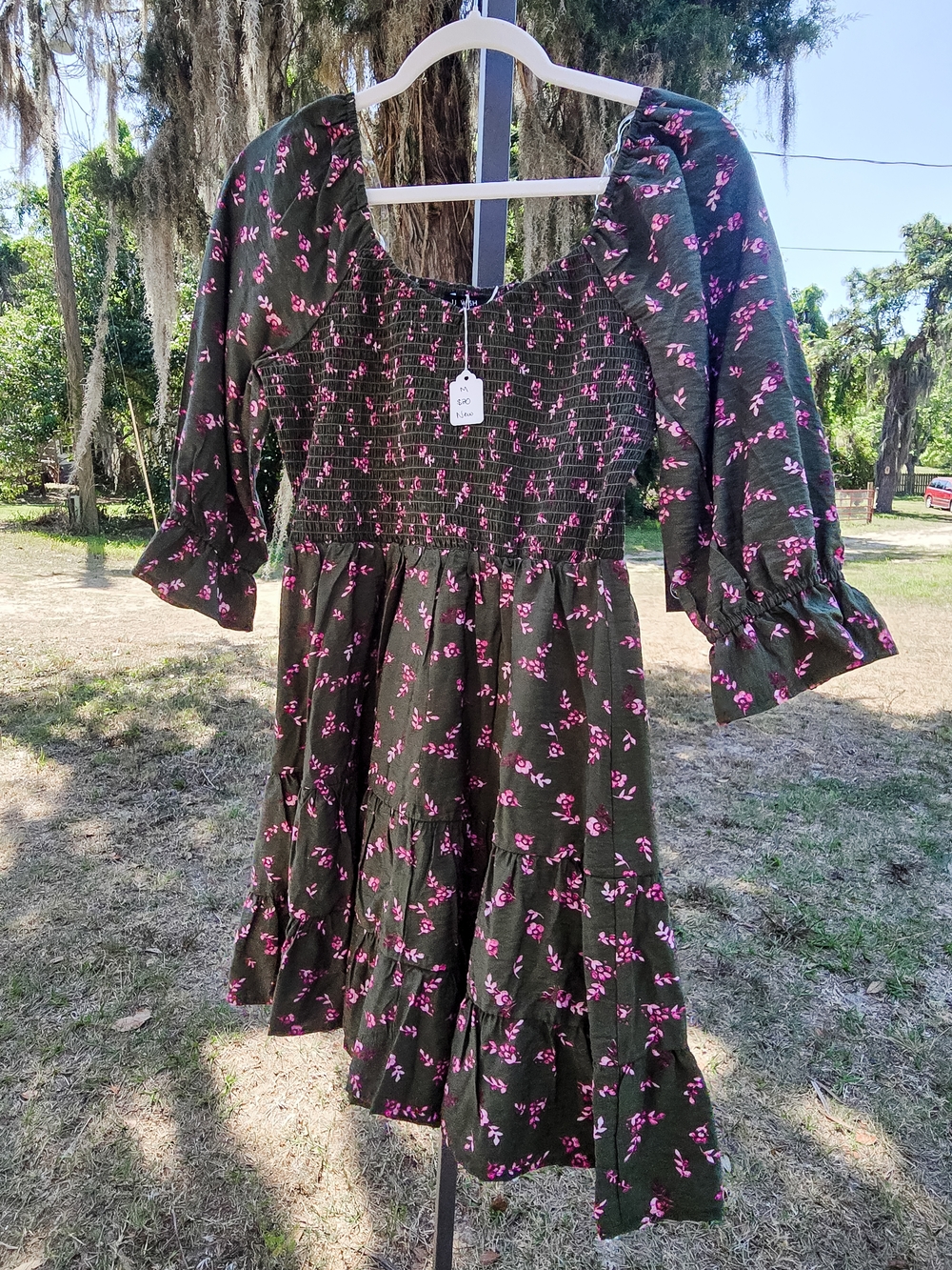 Dark Green Floral Smocked Midi Dress with Pink Blossoms
